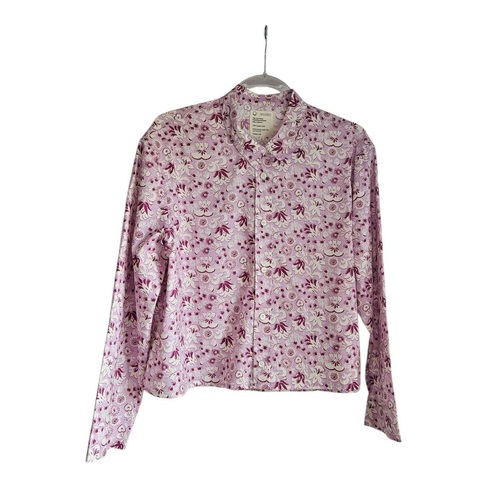 For Days Womens LG Pajama Top Purple White Floral L/S Organic Cotton Button-Up